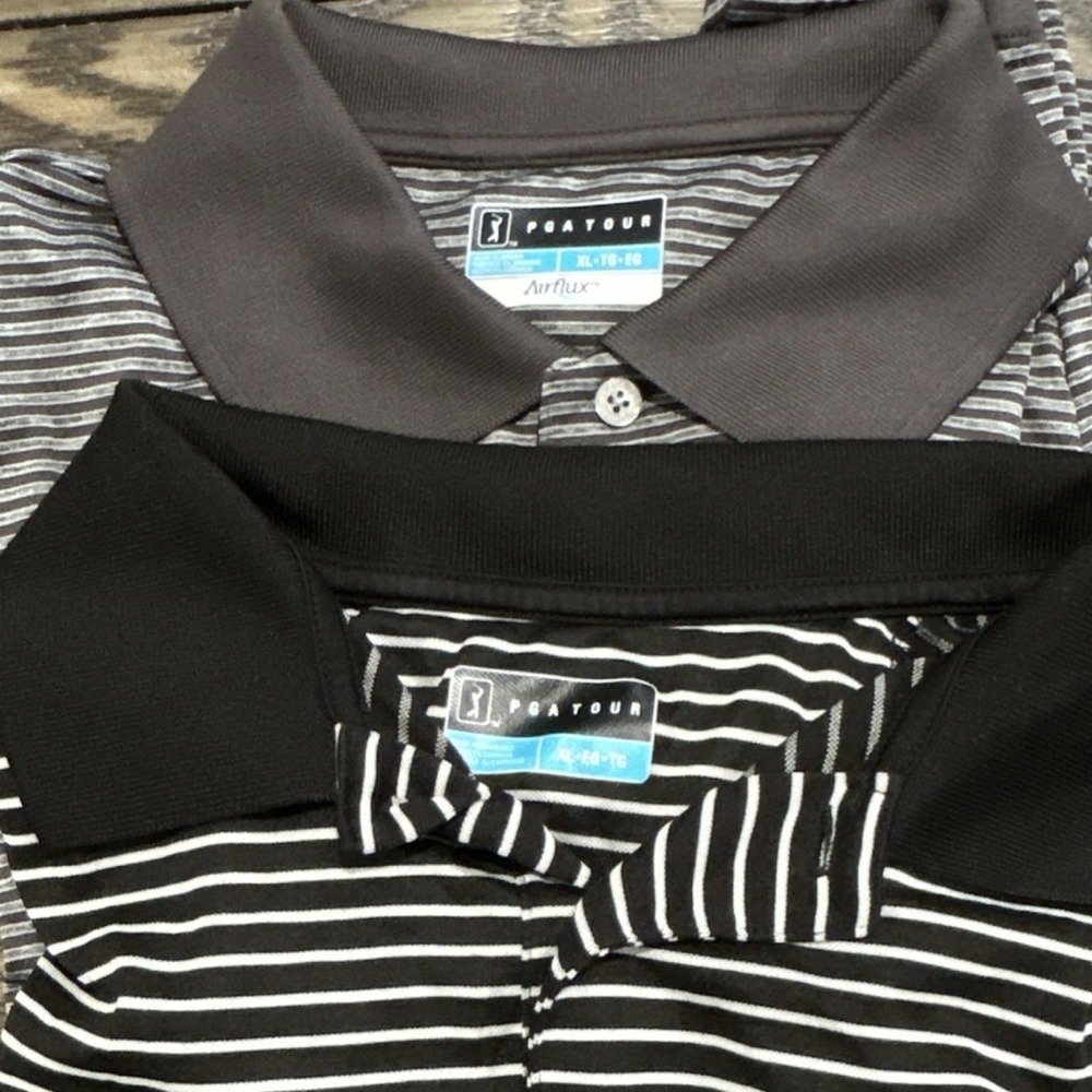 2 PGA TOUR XL Black Gray White Striped Short & Long Sleeve Polo Shirt Men's Golf